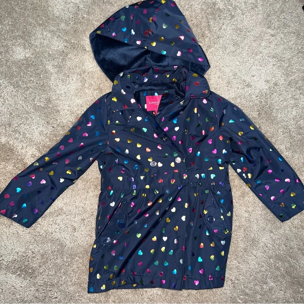 London Fog Girls Navy Jacket with Multicolor Heart Print